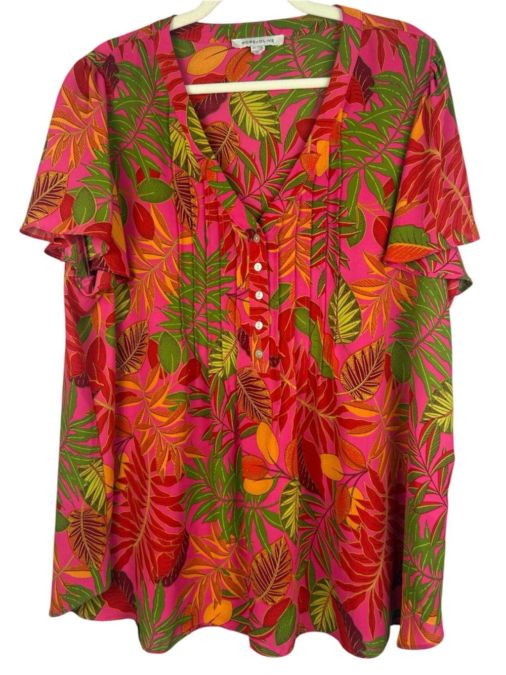 ROSE + OLIVE Tropical Leaf Pintuck Blouse Pink Green Flutter Sleeve 2X